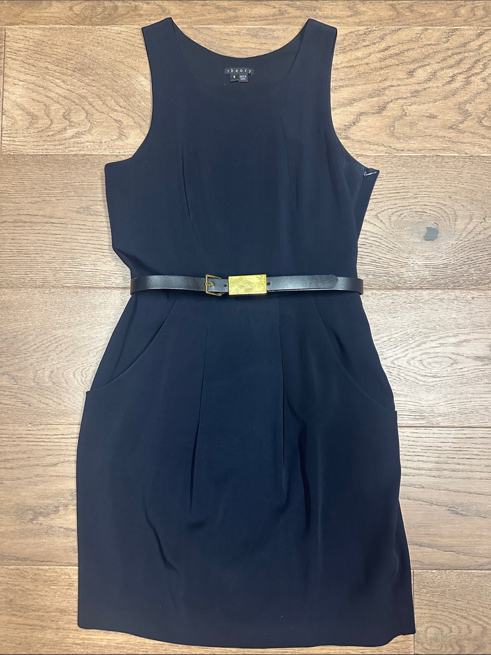 Theory Navy Sleeveless Mini Dress with Gold Buckle Belt